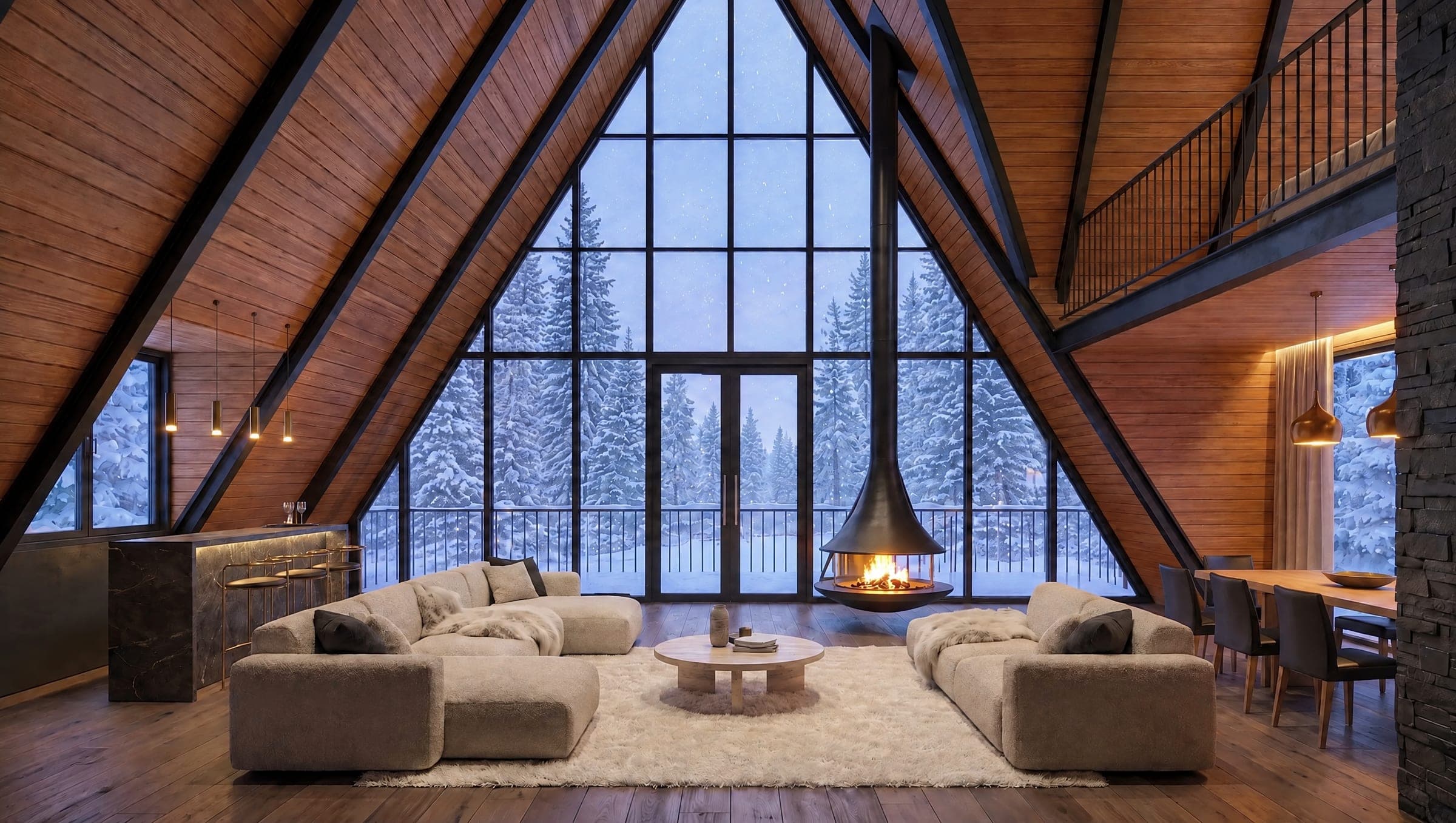 The same AFRME interior finished: larch-lined ceiling, glazed gable, sofa, dining table and a suspended fireplace