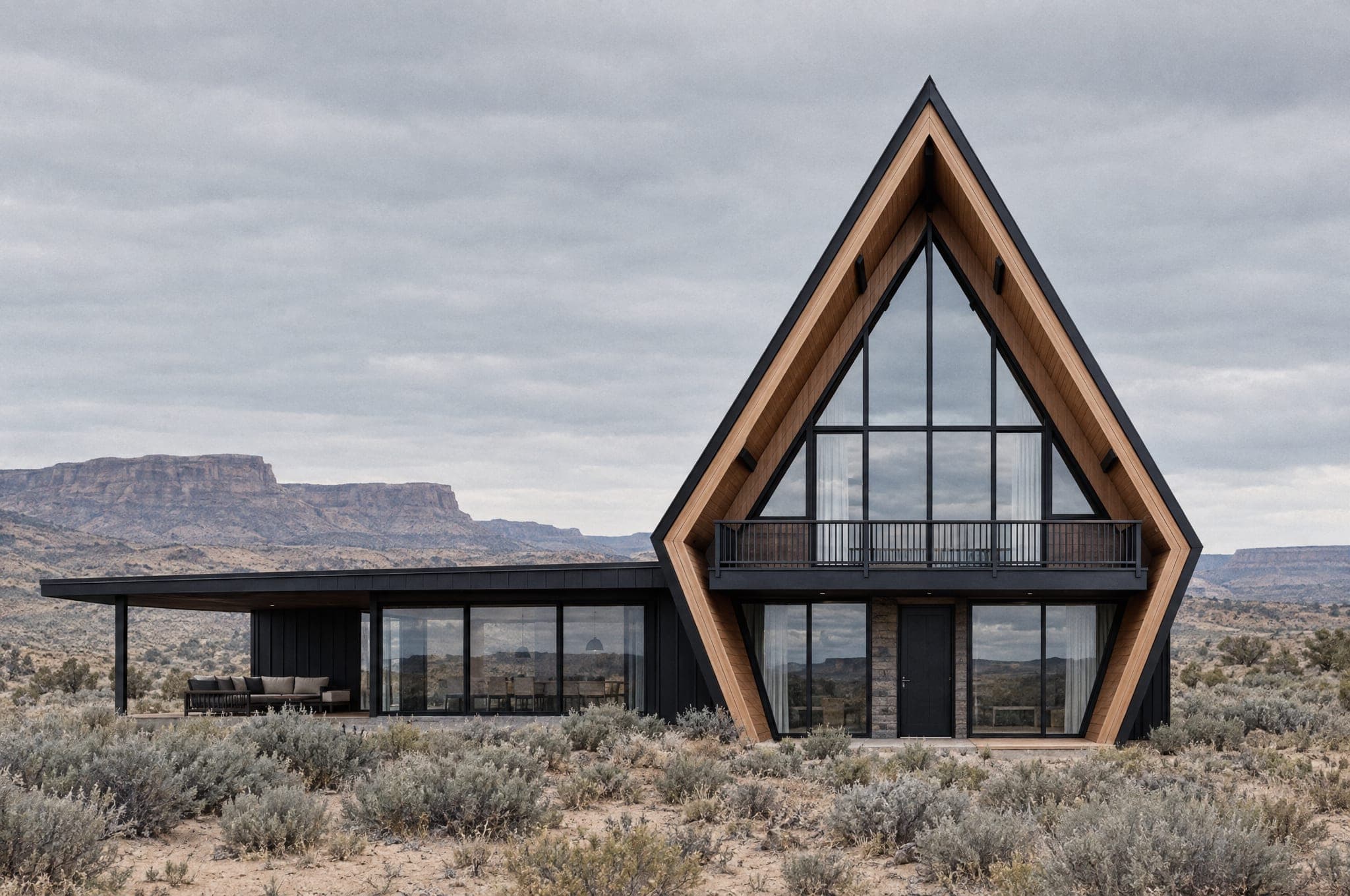 A custom The Two joined to a low flat-roofed annex in high desert scrub under an overcast sky