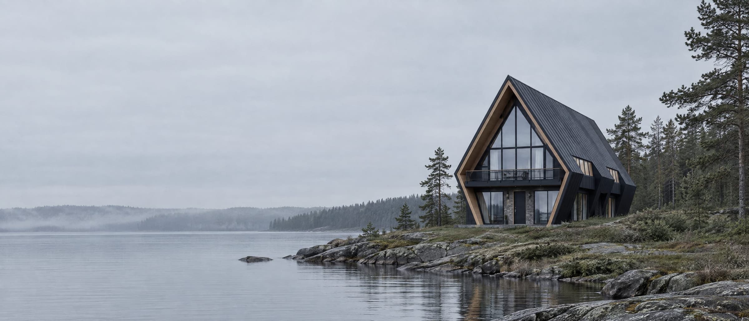 The Two, a two-story kicked A-frame with a black standing-seam roof and larch gable, on a still northern lake shore under an overcast sky
