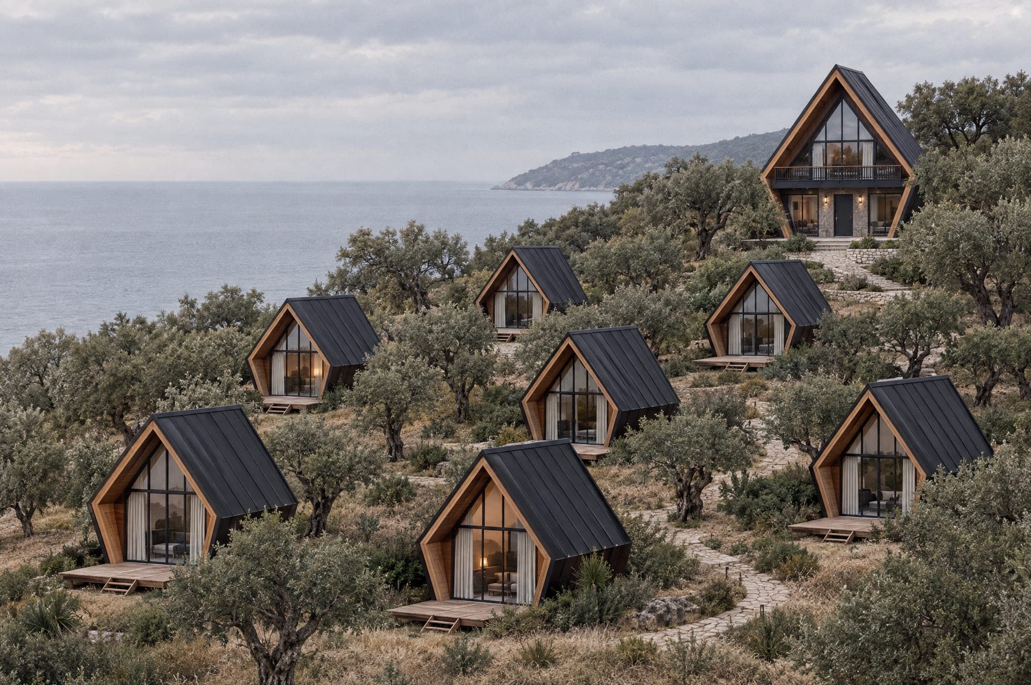 A small cabin hotel of Studios among olive trees on a slope above the sea, with a larger AFRME as reception