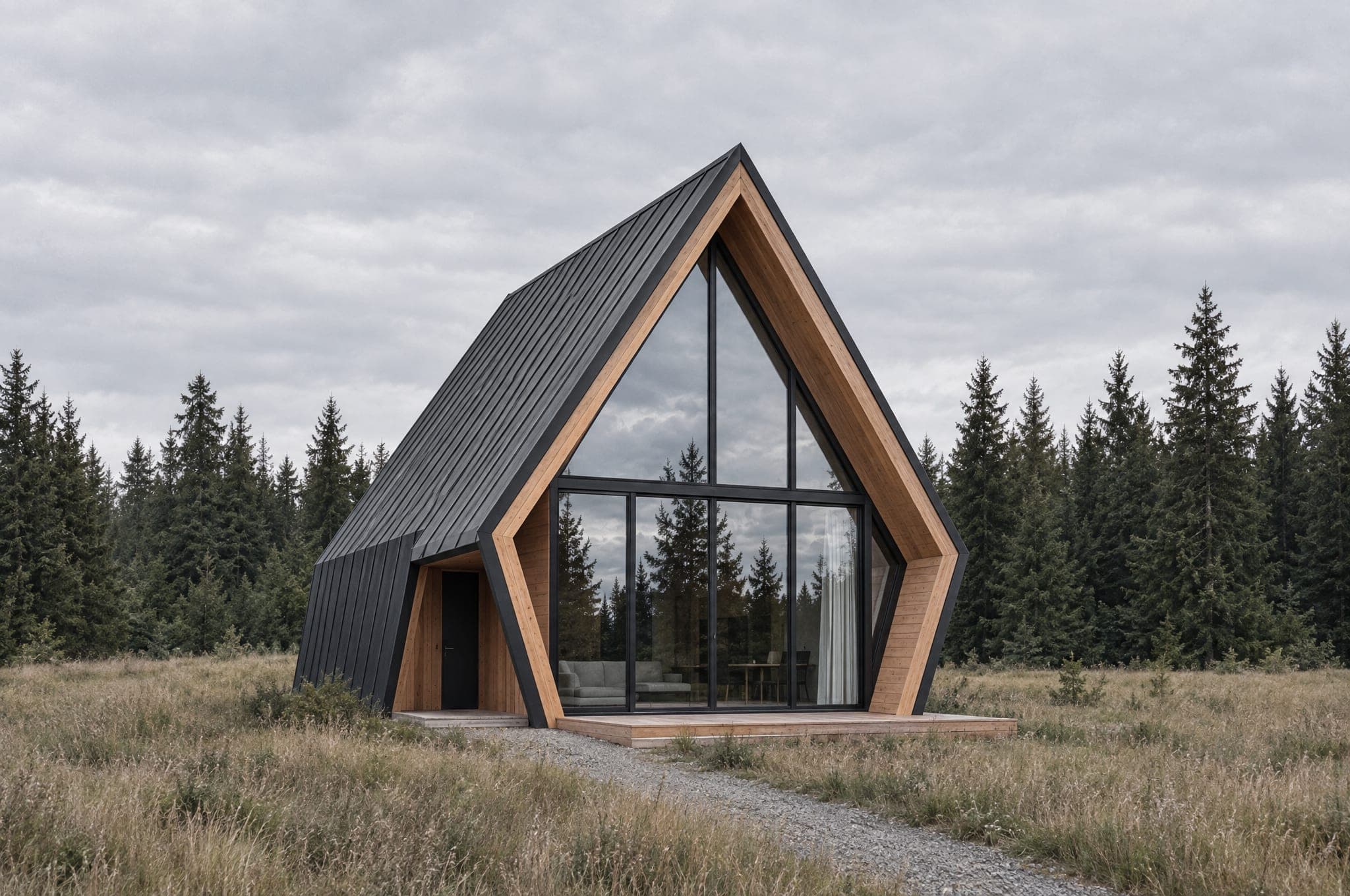 The One, a single-story A-frame with a loft window, at the edge of a spruce forest in a pale meadow