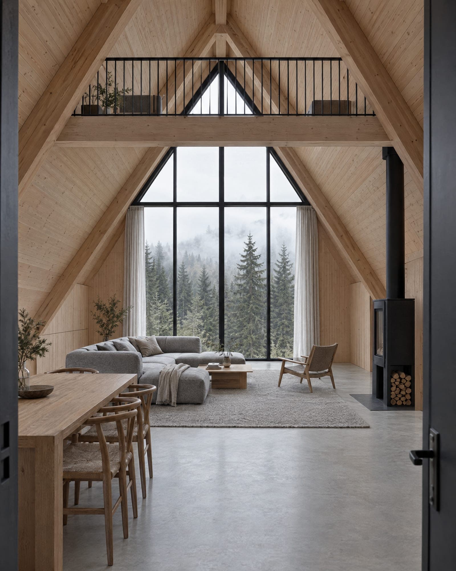 Living room of The One with a larch-lined ceiling, timber trusses, a glazed gable onto the forest and a loft edge above