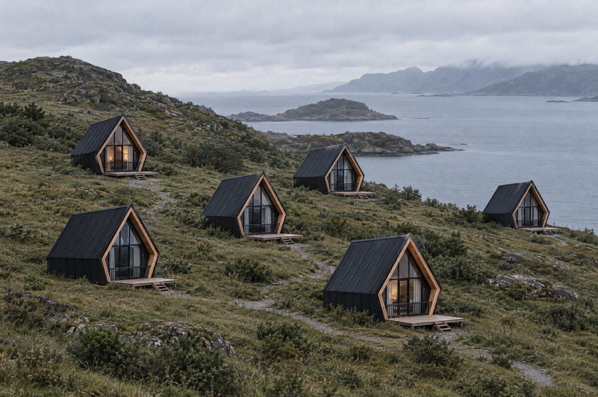 Six Studio cabins scattered across a grassy hillside above a bay, linked by a gravel path