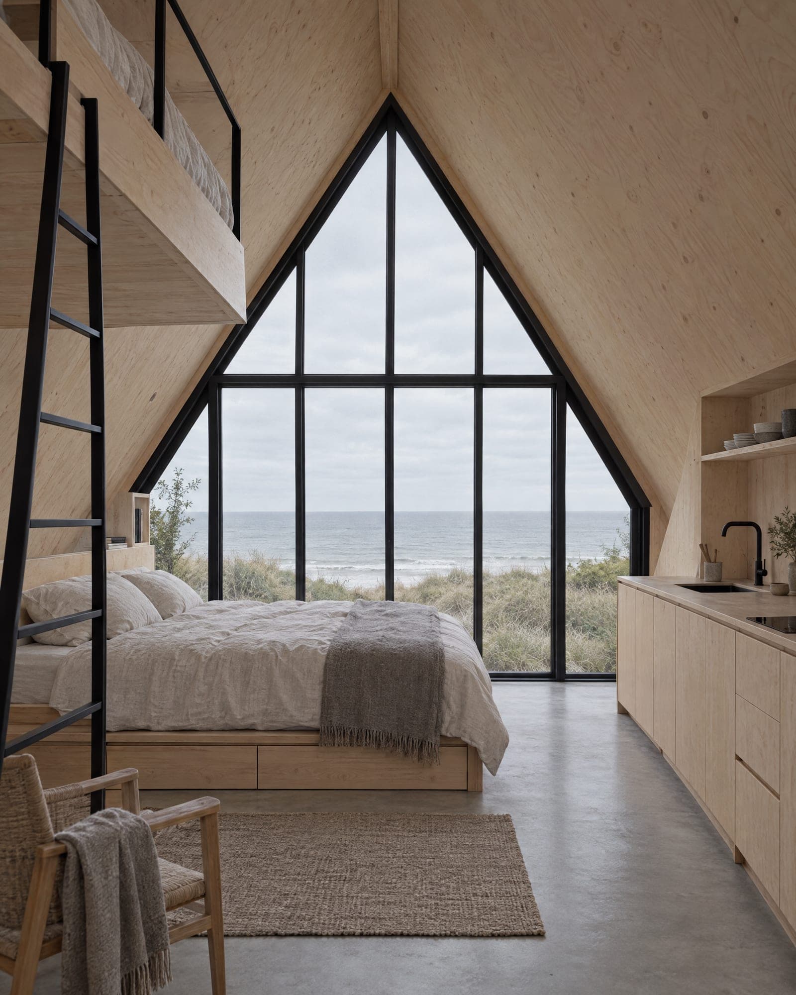 Inside The Studio: plywood-lined walls, a low linen bed, a ladder to the sleeping loft and a glazed gable facing the sea