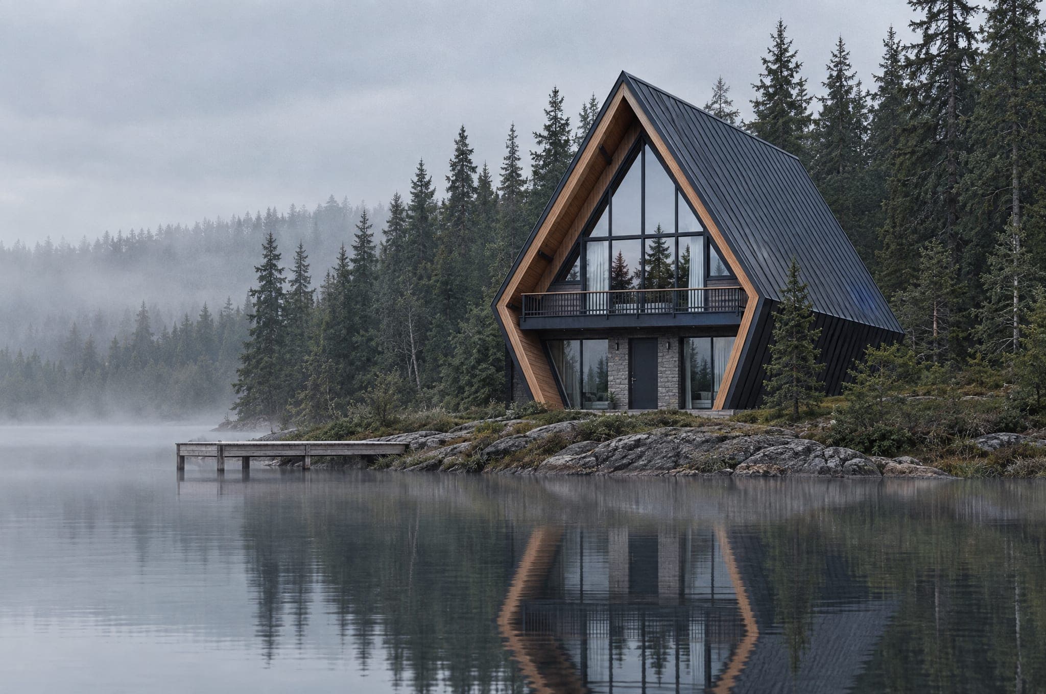 The Two on a granite lake shore at dawn with mist over the water and a short timber jetty
